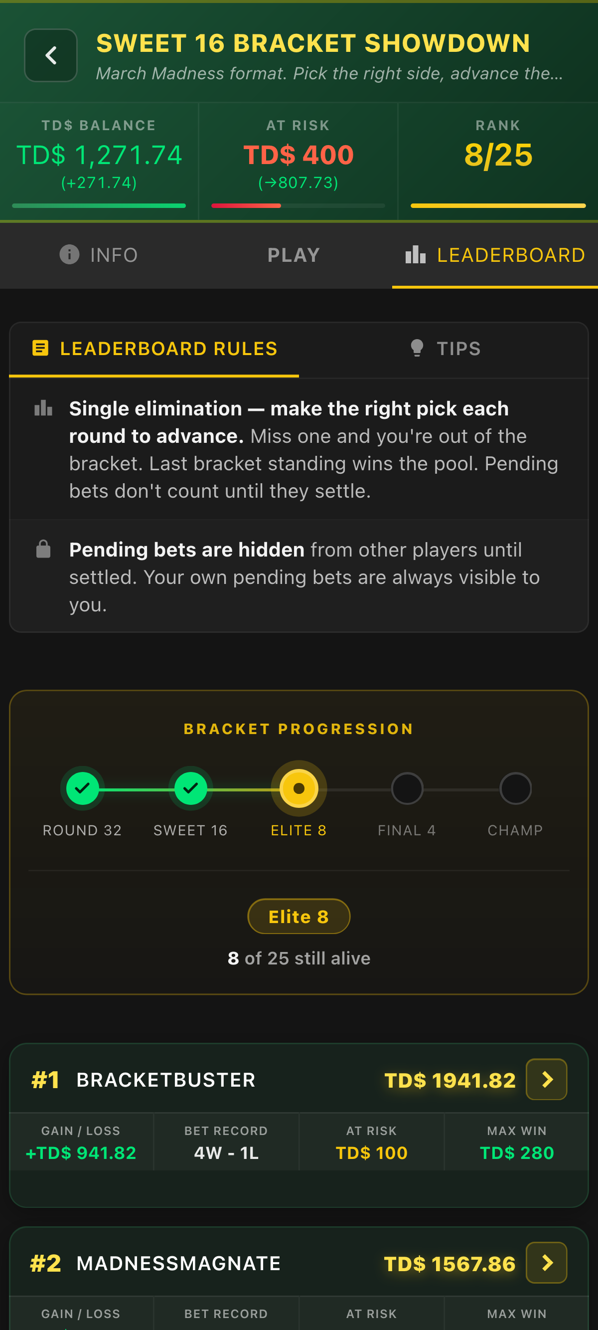 Bet Max Bracket game mode screen