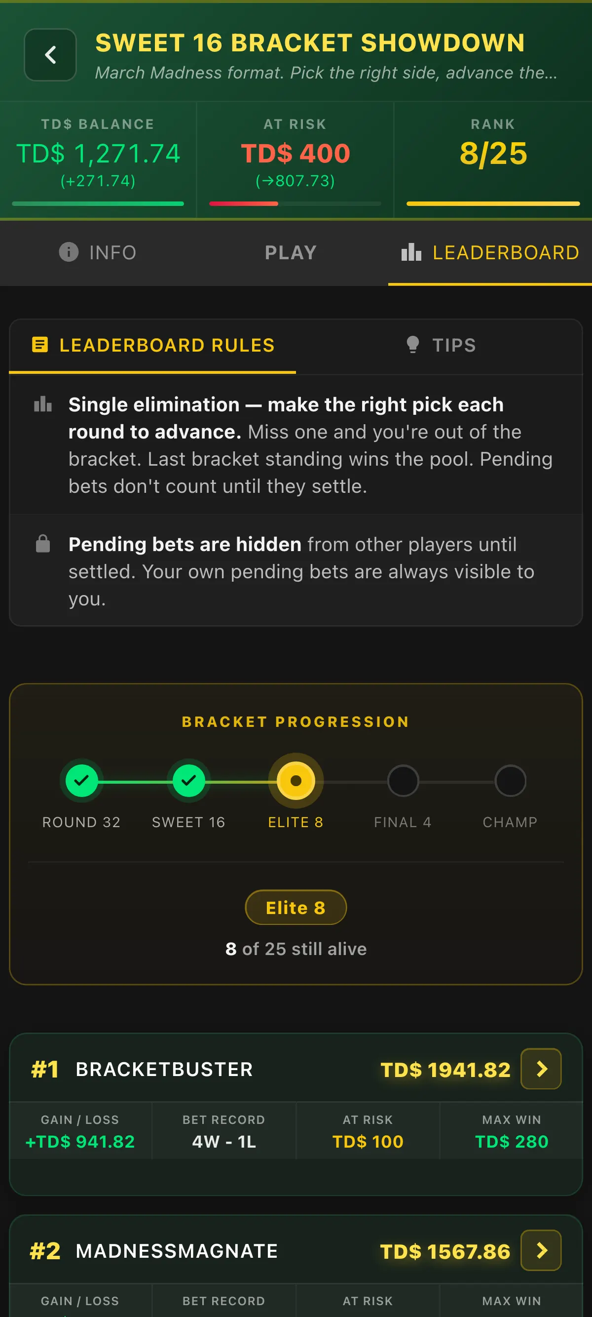 Bet Max Bracket game mode screen
