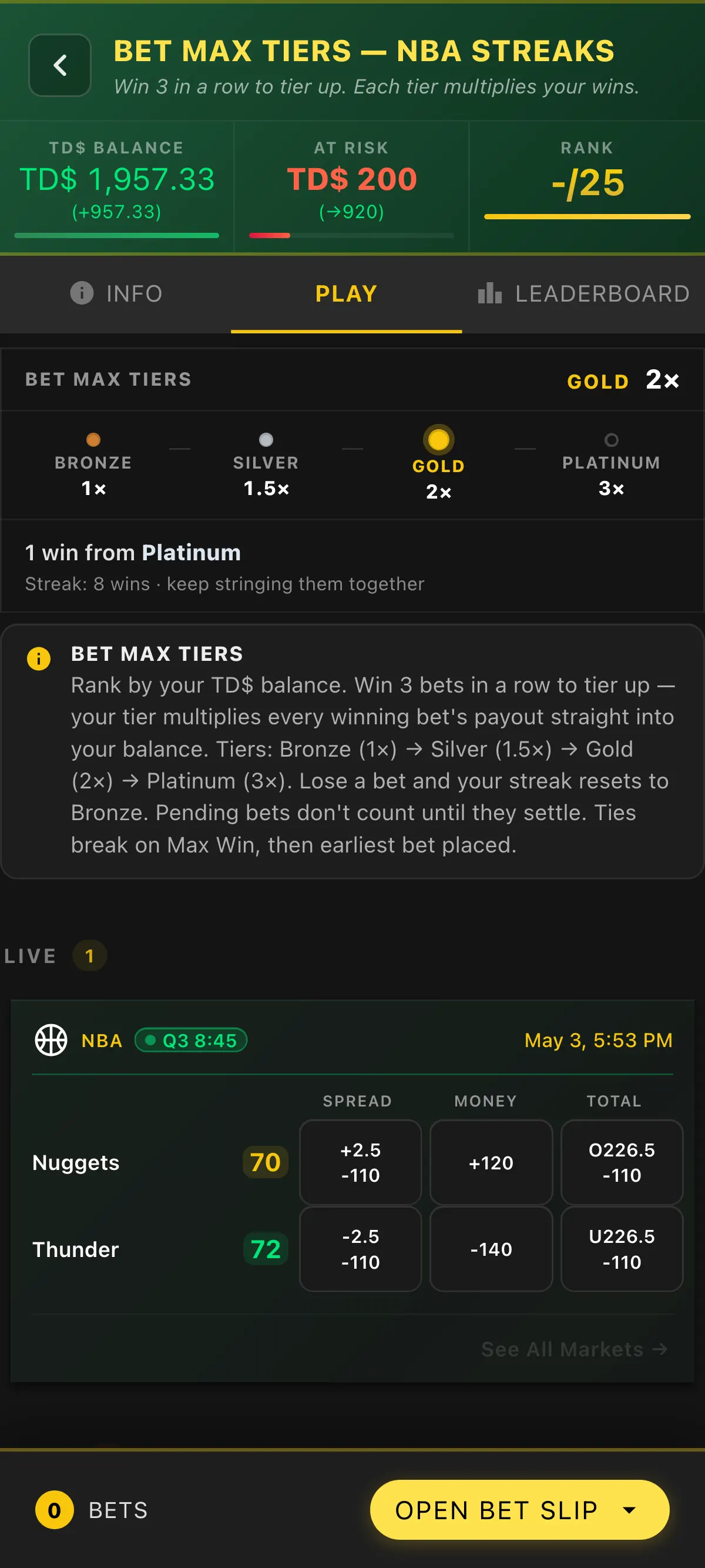 Bet Max Streaks game mode screen
