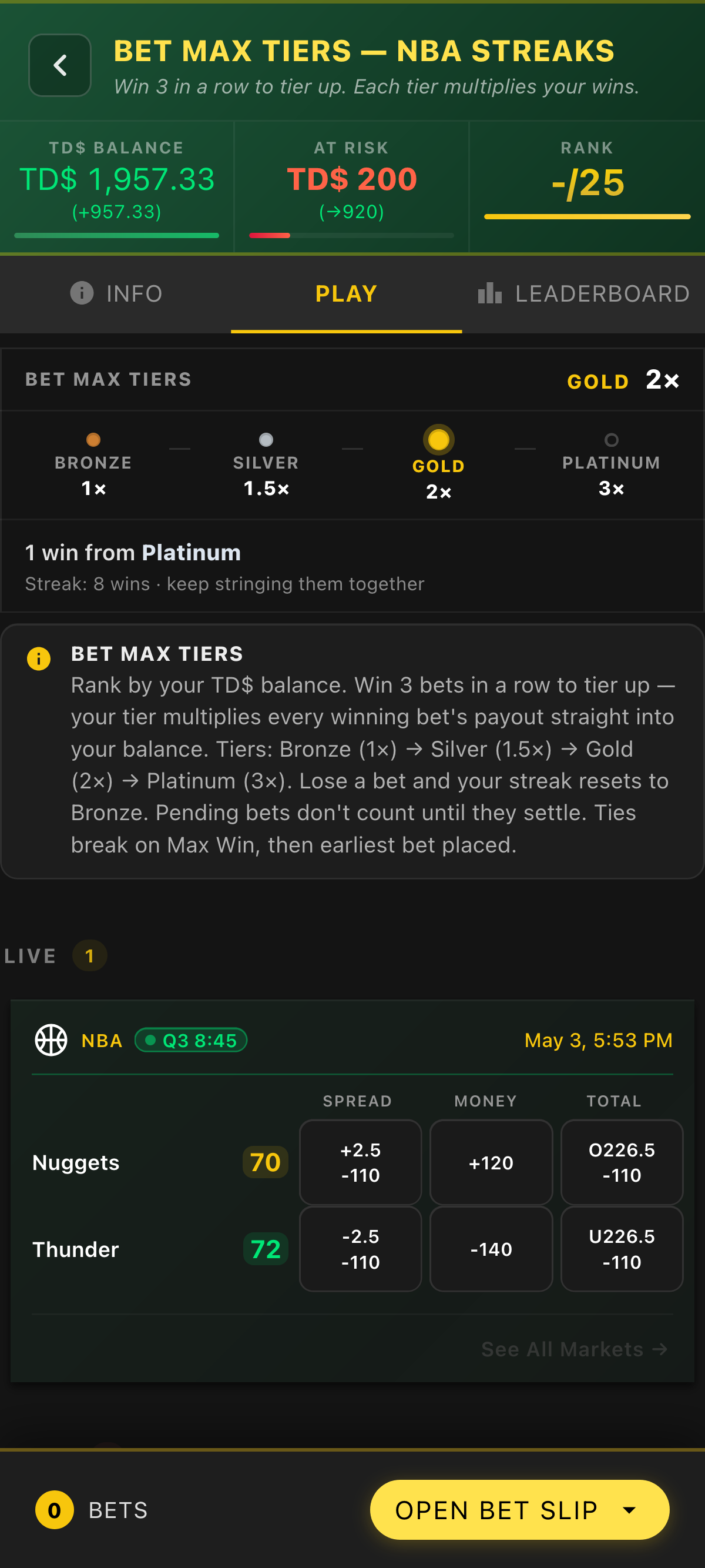 Bet Max Tiers game mode screen
