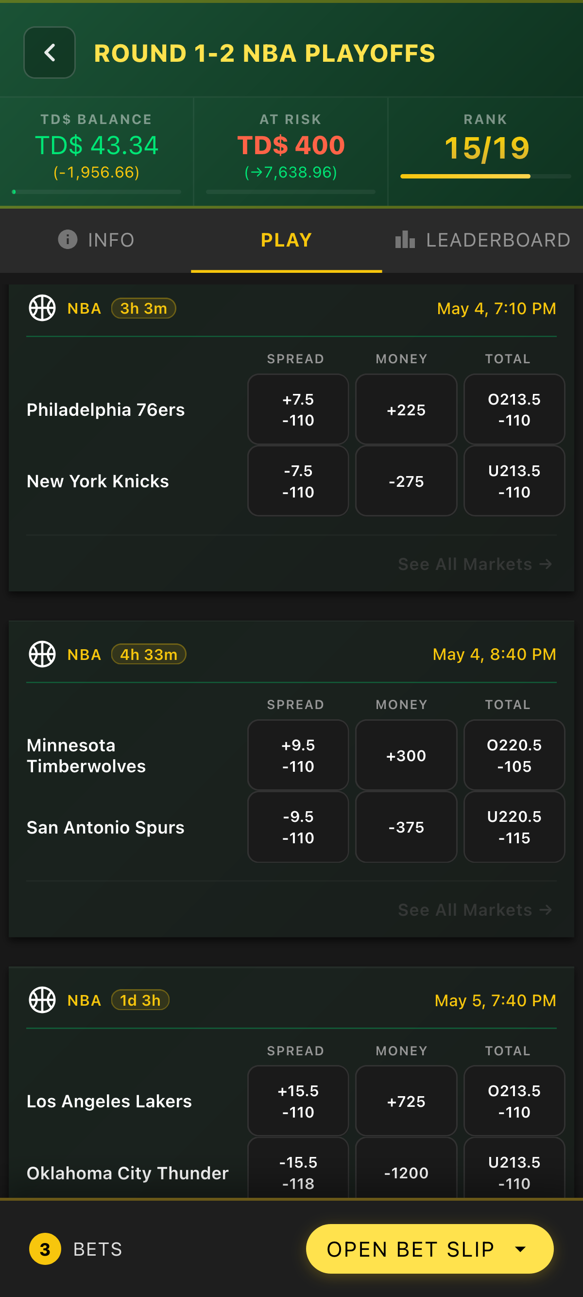 Bet Max Tourney TD dollar betting screen