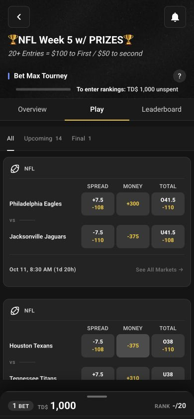 Bet Max Tourney TD dollar betting screen